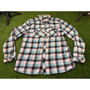 RUSTY Plaid Flannel Long Sleeve Button Up Shirt Teal Pink Black Men's Size XL